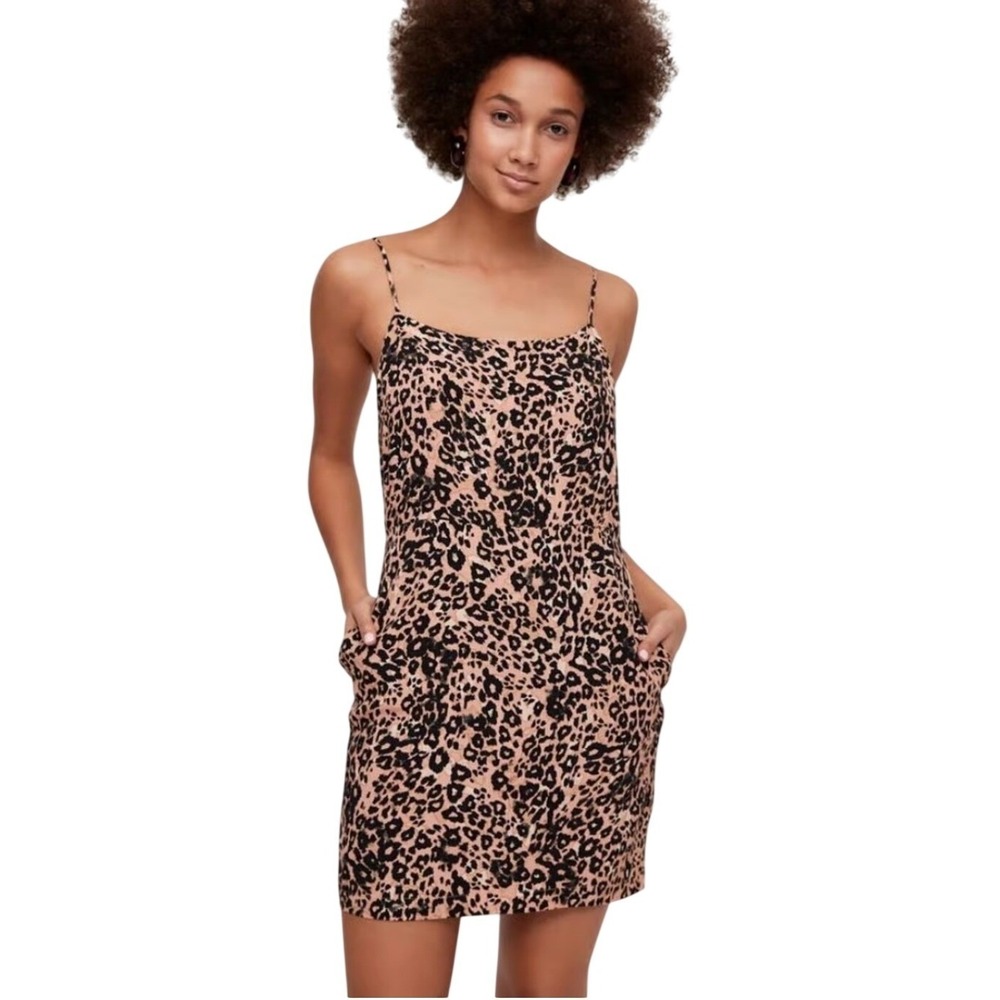 WILFRED Aritzia Leopard Print Spaghetti Strap Tan Black Isabelle Mini Dress S